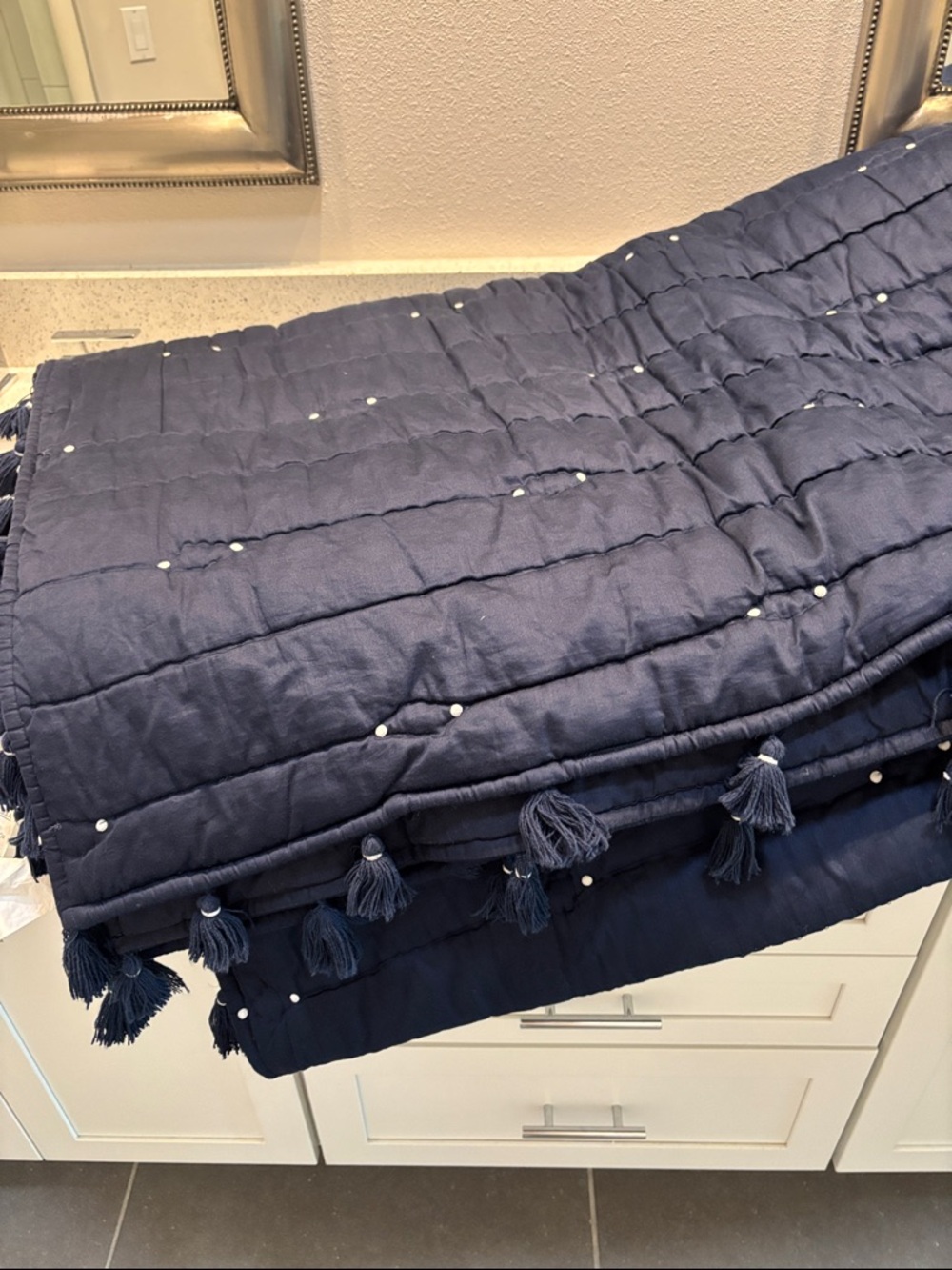 West Elm Navy Quilted quilt/ comforter with Tassels